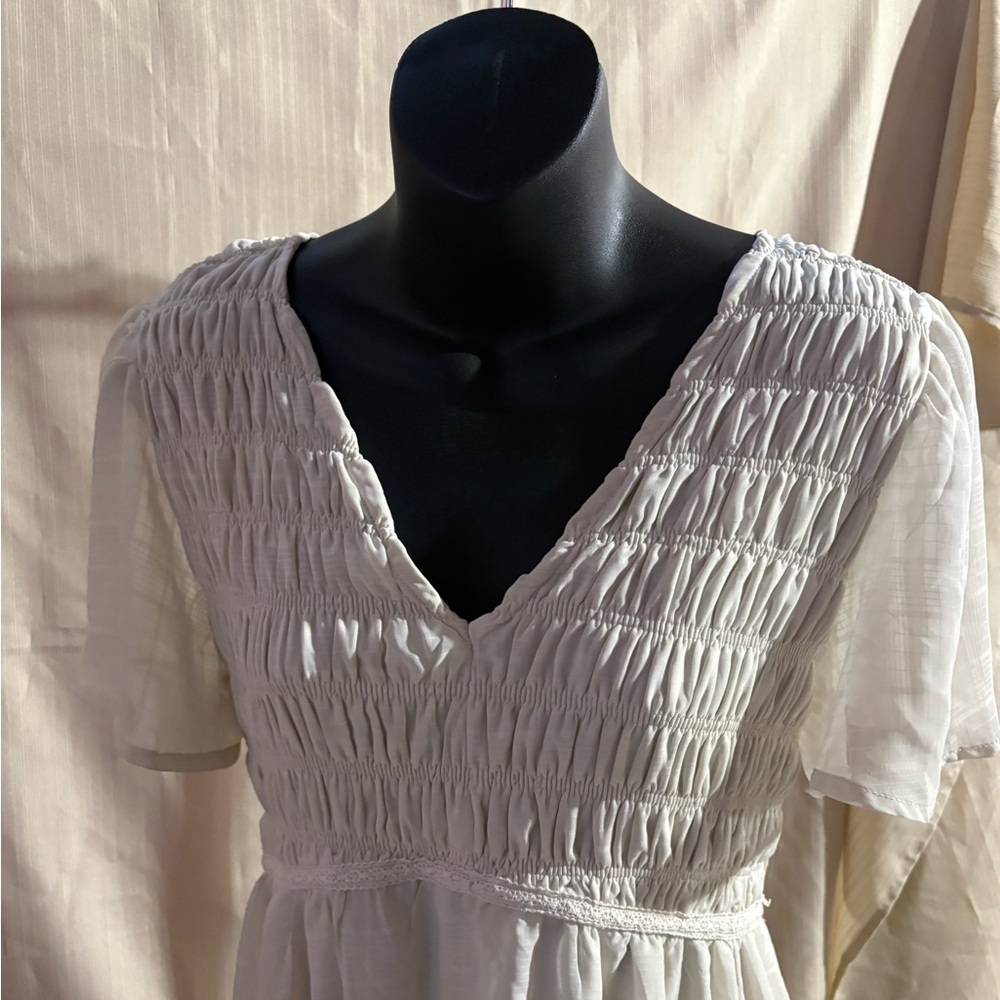 Smocked Off White Short Sleeve Midi Summer Dress‎ Size Medium - Picture 6 of 13